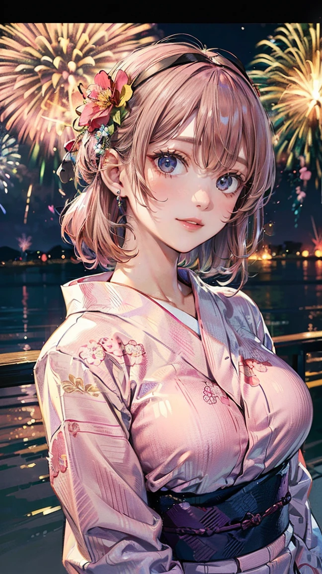 (Masterpiece, BestQuality:1.3), (ultra detailed:1.2), (hyperrealistic:1.3), (RAW photo:1.2), High detail RAW color photo, professional photograph, (Photorealistic:1.4), (realistic:1.4), (Pink Hair:1.5), professional lighting, perfect anatomy, (Big Breasts:1.2), (blush, detailed face), (A happy smile:1.7), sexly, erotic sexly, Random sexy gravure poses, (A girl wearing a purple yukata and a flower hair accessory、Smiling as she looks up at the fireworks at the summer festival。:1.3)