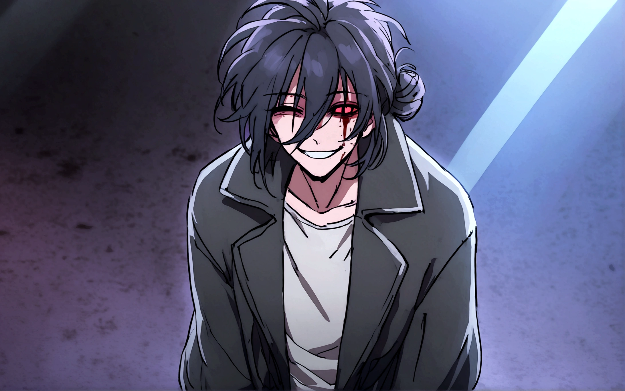 Anime man, psychopathic smile, blood stain on black trenchcoat clothing, black pants, black mega long scarf, black messy hair, hair bun, void eyes left eye glowing red, horror, white shirt with blood stains, terrifying will to commit malice