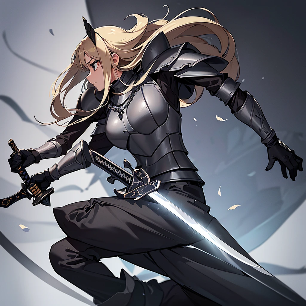 Best illustrations、Best Quality、(Full body character concept、detailed)、(((Simple grey armor、Black trousers、Black gloves))、(woman、18-year-old)、(Blonde、Long Hair)、(((Grab the sword)))、(From the side、profile)