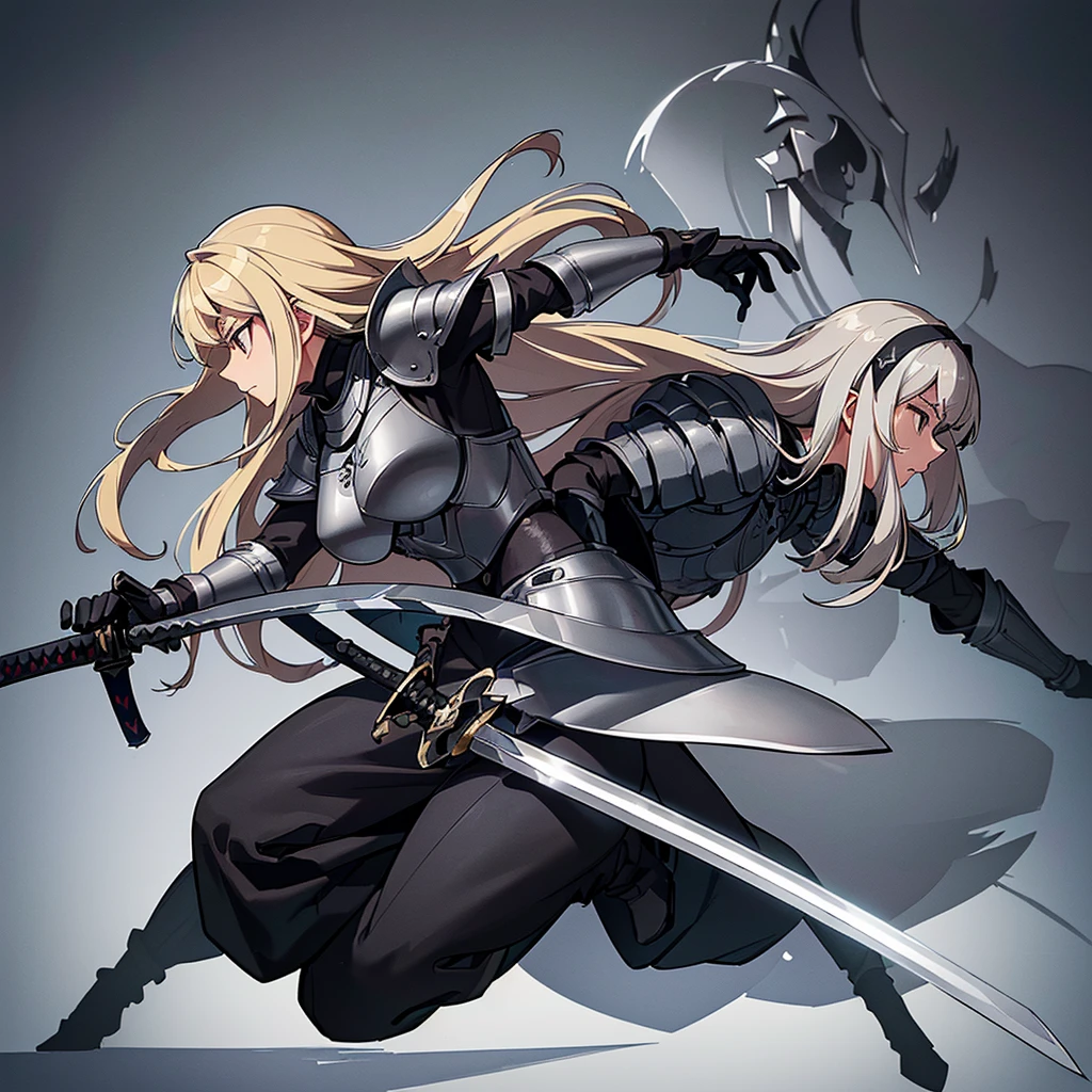 Best illustrations、Best Quality、(Full body character concept、detailed)、(((Simple grey armor、Black trousers、Black gloves))、(woman、18-year-old)、(Blonde、Long Hair)、(((Grab the sword)))、(From the side、profile)