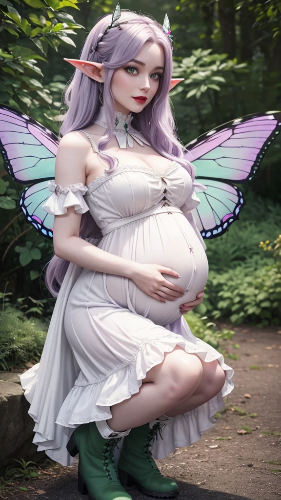 Irish woman, anime, modest, beautiful, high quality, night, 8k, long waist length light pale purple hair, green eyes, red lips, eyelashes, victorian white dress, boots, elf ears, butterfly fairy wings, 3 months pregnant