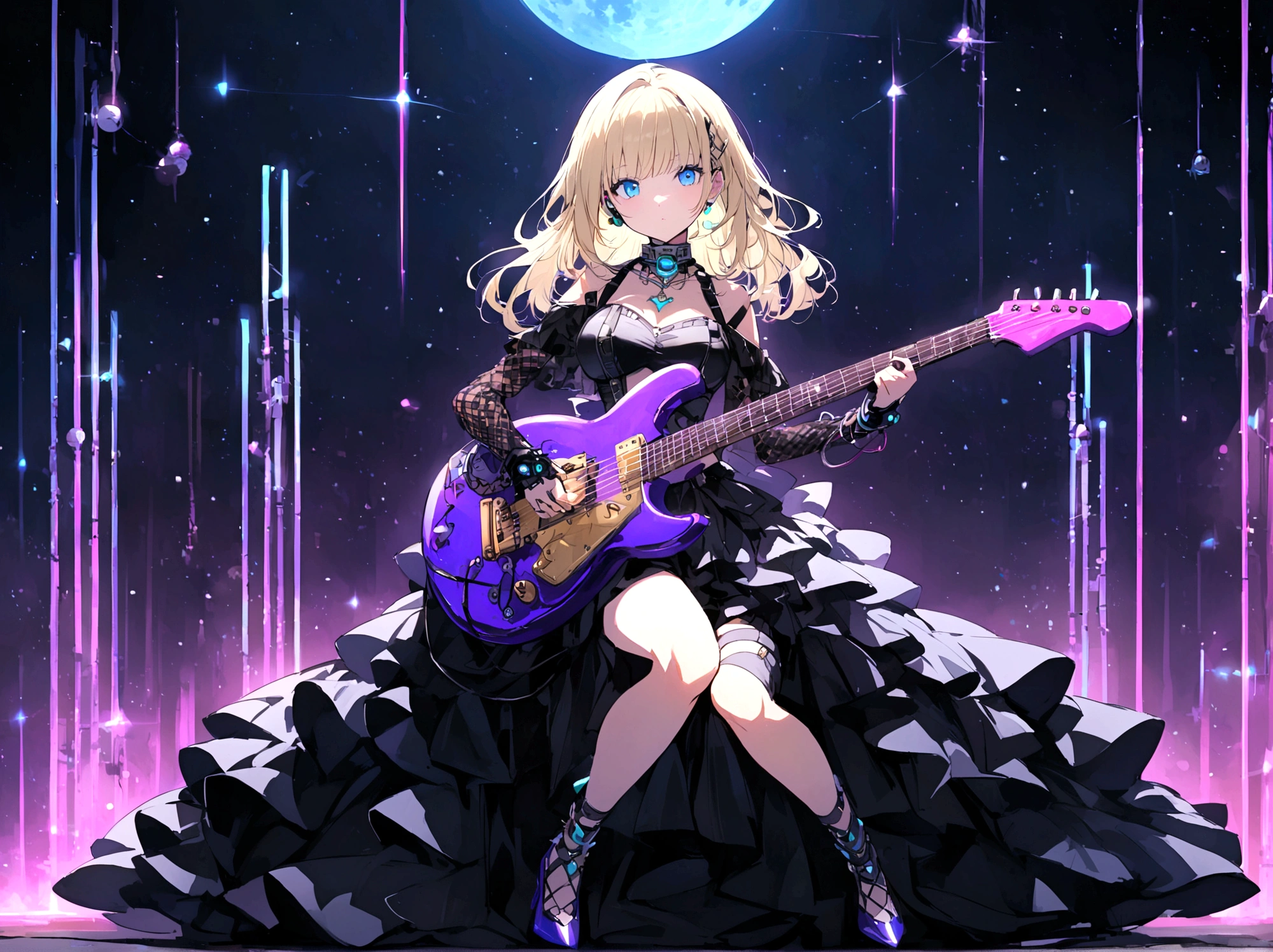 Anime girl with short blonde hair and blue eyes playing rock guitar,alone、 looking at the camera、whole body、cyber punk、Moonlit Night