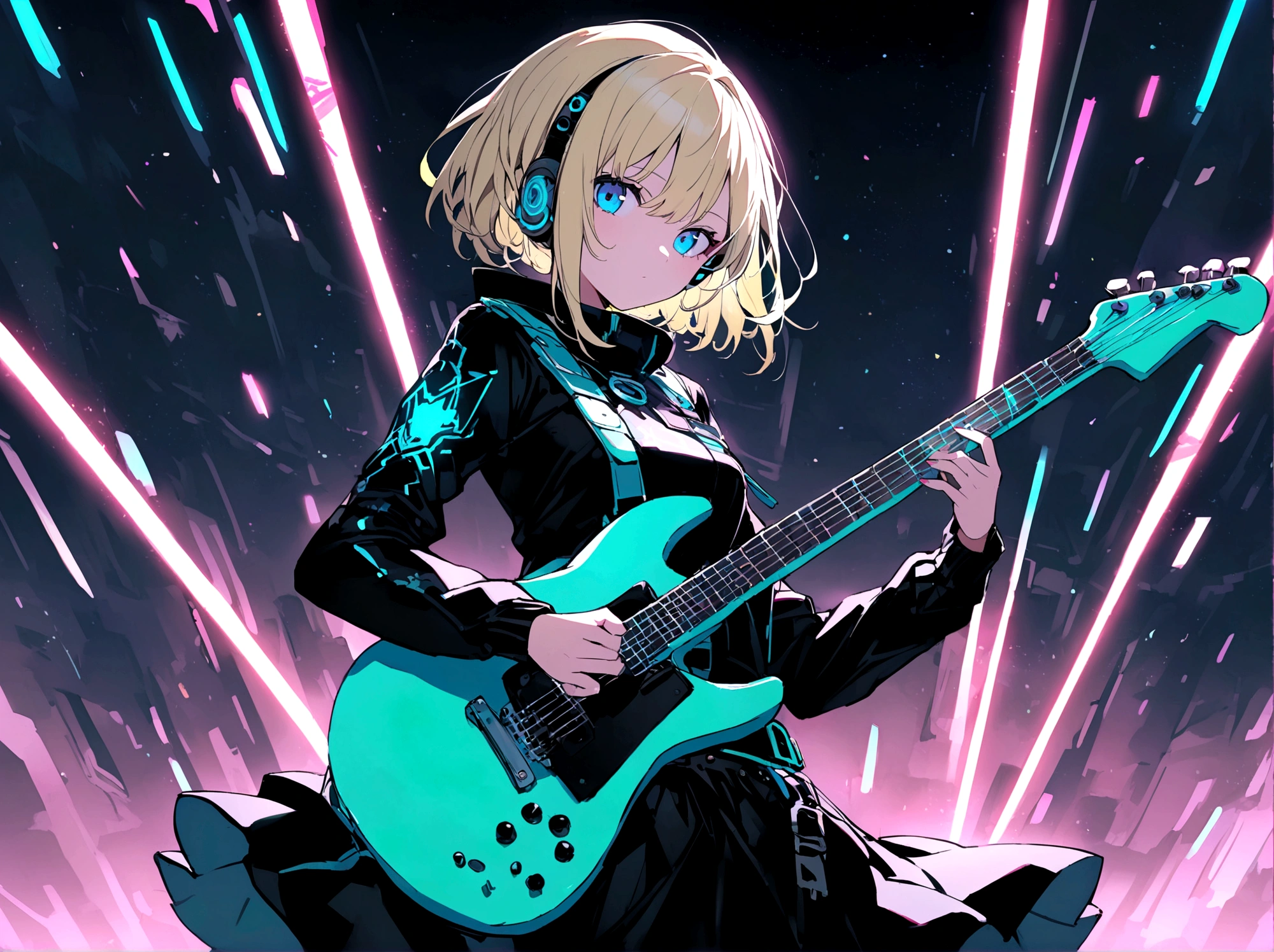 Anime girl with short blonde hair and blue eyes playing rock guitar,alone、 looking at the camera、whole body、cyber punk、Moonlit Night