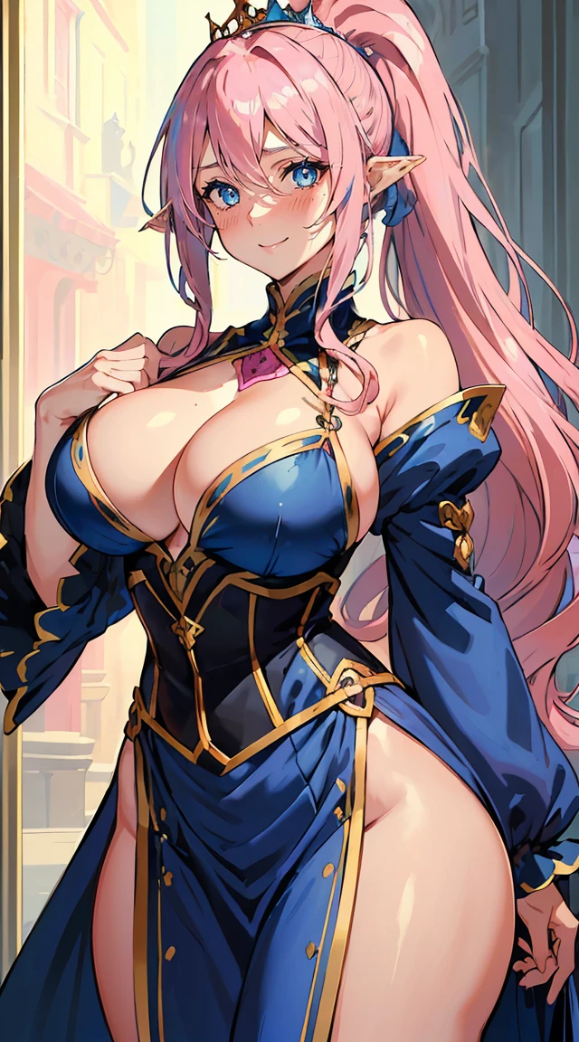 handsome older WOMAN,blue-eyes,blue pupils,Long pink hair,Hyperresolution,accuracy,Detailed rendering,(Subtle facial image)(Image of fine hair)(topquality)(Masterpieces of masters)(High degree of completeness)(A sense of atmosphere)tmasterpiece,Super detailed and super detailed(half-body portrait), long wavy pink hair, (((tHICK WAVY HAIR)))(((ANKLE LENGTH HAIR)))(((Blushing)))(((Huge breasts)))(((LARGER BREASTS))) large breasts, bigger breasts (((Bigger breasts))) (((Blushing))) (((Sakimichan))) (((Pink hair)))(((Focused))) (((Hair in a long ponytail))) (((Ponytail))) (((elf ears))) (((Smiling)))(((Queen with baby)))