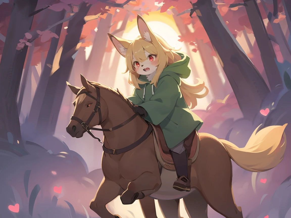 the fox, , was hairy, shaggy, skin fur, smooth lashes, golden fur, forelimb hands, straight long blonde hair, solid circle eyes, golden ears, golden fur, golden facial fur, shiny hair, red eyes, heart-shaped eyes, super cute face, 1fox tail, fluffy tail, furry tail, glowing eyes, green coat green hood down, brown trousers, riding young horse, open mouth, embarrassed, ambient light, ultra-fine fur, dashed eyes, full body, masterpiece, high quality, high-details, best quality, (((solo))), twilight, sun light, red sky, rim light