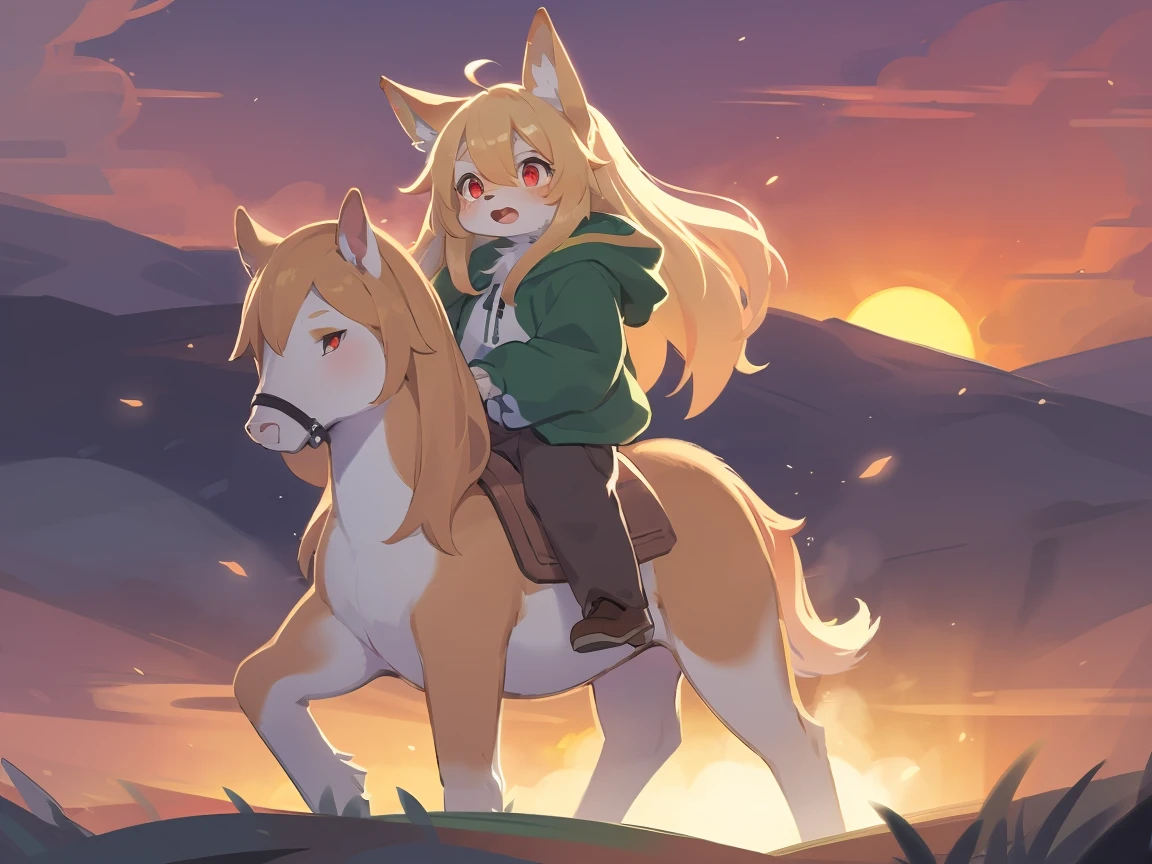  the fox, , was hairy, shaggy, skin fur, smooth lashes, golden fur, forelimb hands, straight long blonde hair, solid circle eyes, golden ears, golden fur, golden facial fur, shiny hair, red eyes,  heart-shaped eyes, super cute face, 1fox tail, fluffy tail, furry tail, glowing eyes, green coat green hood down, brown trousers, riding young horse, open mouth, embarrassed, ambient light, ultra-fine fur, dashed eyes, full body, masterpiece, high quality, high-details, best quality,  (((solo))), twilight, sun light, red sky, rim light