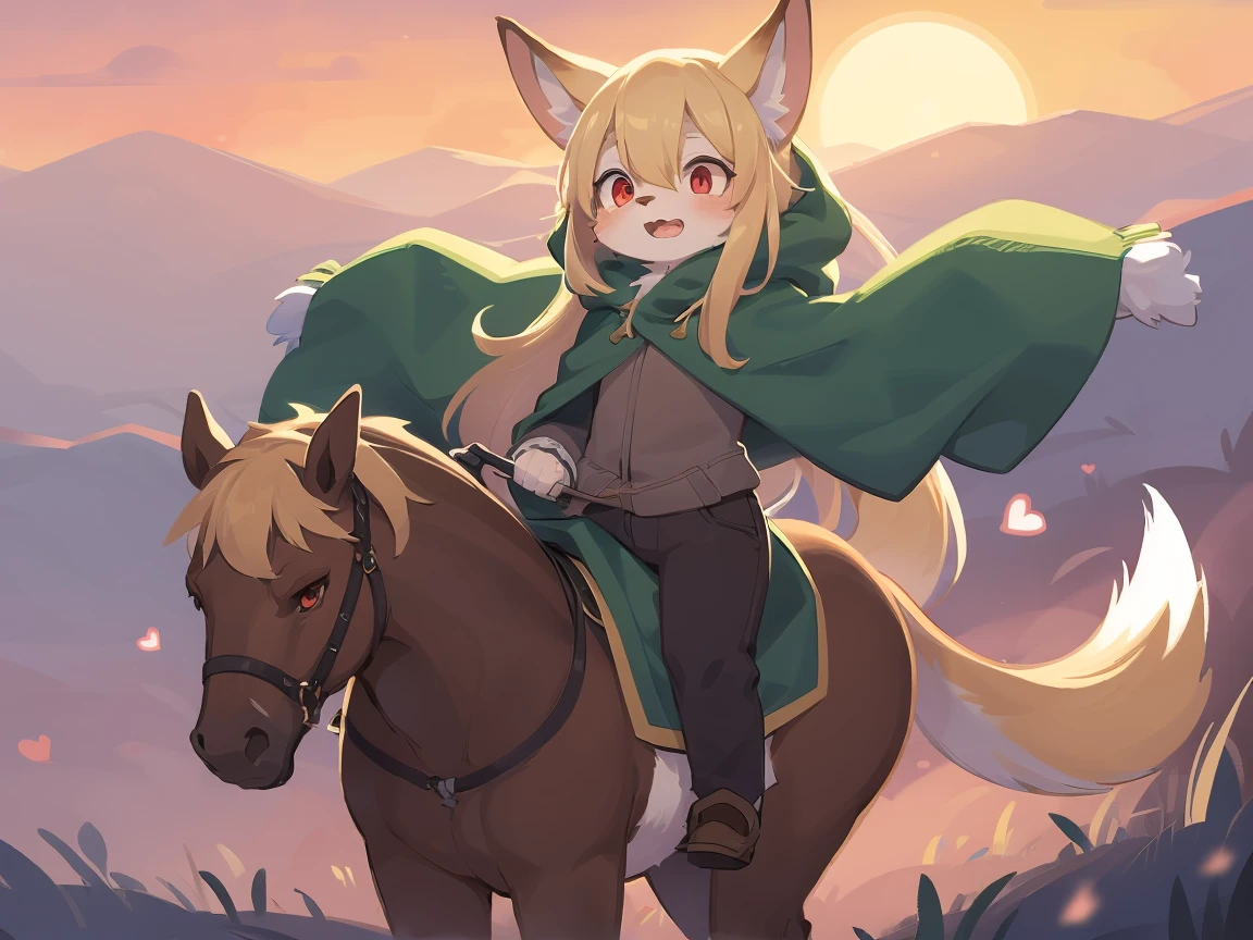 the fox, , was hairy, shaggy, skin fur, smooth lashes, golden fur, forelimb hands, straight long blonde hair, solid circle eyes, golden ears, golden fur, golden facial fur, shiny hair, red eyes, heart-shaped eyes, super cute face, 1fox tail, fluffy tail, furry tail, glowing eyes, green coat green hood down, brown trousers, riding young horse, open mouth, embarrassed, ambient light, ultra-fine fur, dashed eyes, full body, masterpiece, high quality, high-details, best quality, (((solo))), twilight, sun light, red sky, rim light