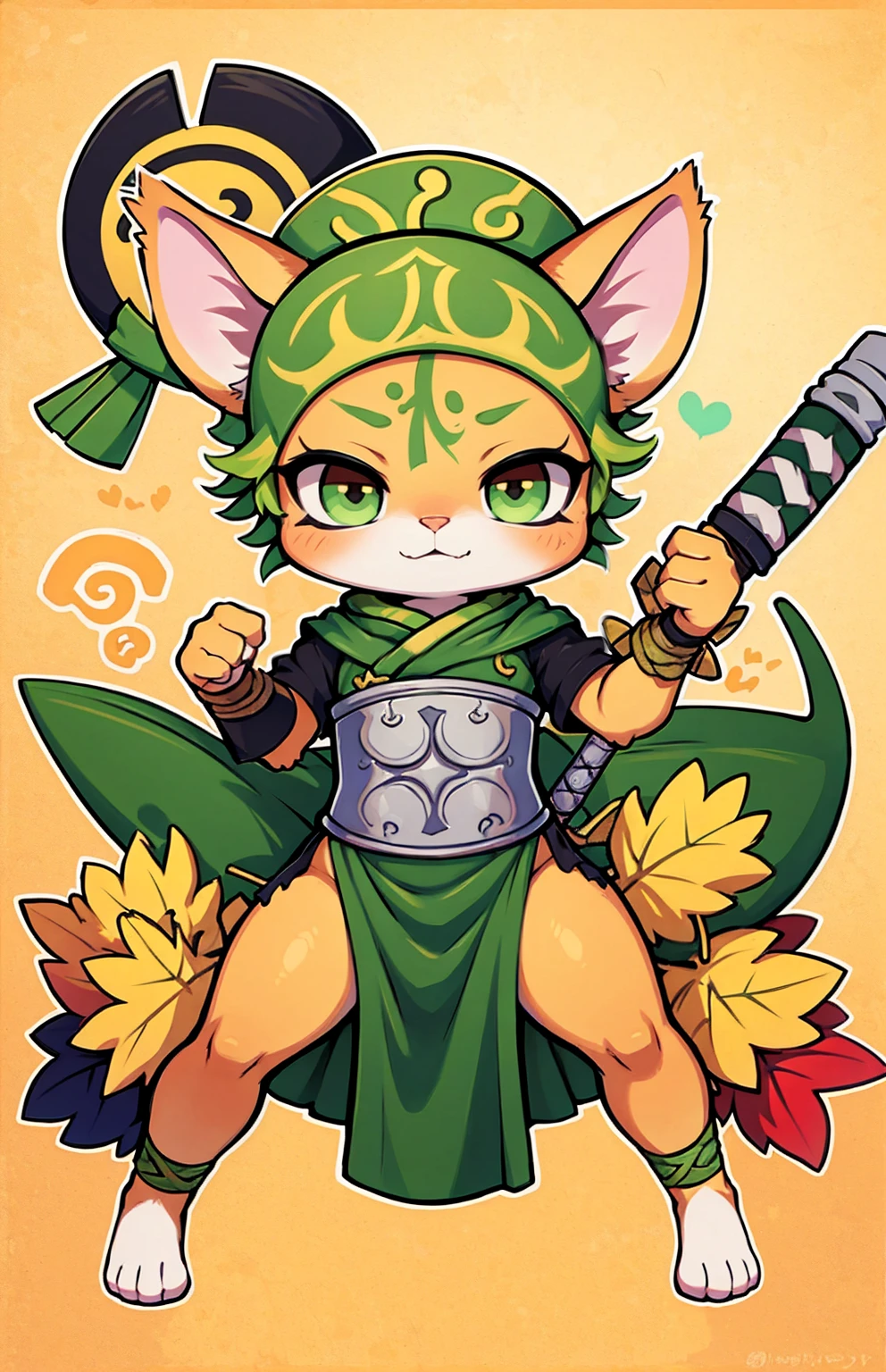 a cat warrior character, furry, (full body:1.2) , chibi, advanced digital chibi art, g liulian art style, maplestory mouse, bian lian, chibi art, league of legends art style, character art of maple story, ((view at the viewer)), (((zoro costume)))