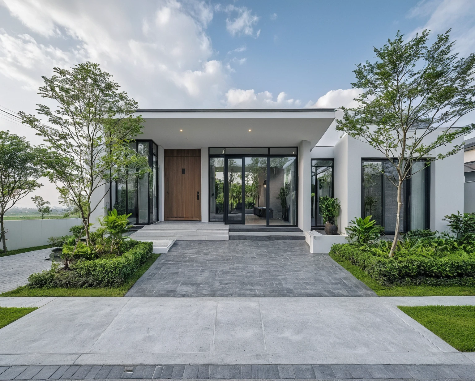 Raw photo, masterpiece, high quality, best quality, realistic, super detailed, outdoor, 2-storey house, modern townhouse style, (white wall), curved wall facade, aluminum interior door glass, curved planter, gray tiled accent wall, gray iron box exterior gate, road, sidewalk, grass, trees, sky, clouds, (daylight):1.1)