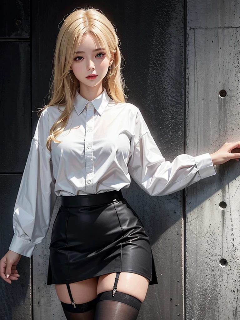 realistic, High resolution, soft light,1 female, alone, hip up, glowing skin, (detailed face),tattoo, jewelry, Secretarial Uniform, white shirt, black skirt, black stockings, garter belt, night, blonde hair, wavy hair, Beautiful Soldier, Eyes that invite the viewer, lover's perspective, an inviting look, sexy smile, perfect style, perfect balance, fine skin, naughty look, I can see your chest