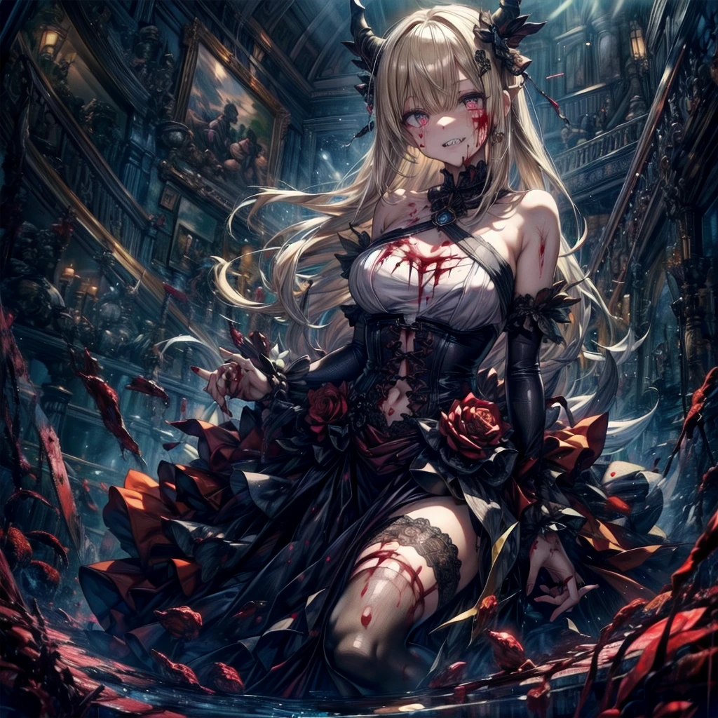 Beautiful artwork illustration、Great picture、 Delicate features,disaster々new devil horns , Eyelids very wide open, The trend is small,Crazy Smile, mouth very wide open, Mouth open and teeth bared,Sharp teeth like a beast, wide lips, Very wide mouth, Vermilion-tinted cheeks, Blonde Hair, Princess Cut, Ribbon hair ornament, brooch, Shiny candy blue dress, Gold embroidery,ta Style, Gothic style, Facing the audience, Otaku Room, Well-built body, Nice body, Ample breasts, Fleshy body,With eyes wide open、Scary atmosphere、Distorted facial expressions、ねじれた笑face、Bloody、Bleeding from the head、Blood splatter、whole body、Long Hair、Long bangs、(((Dark circles under the eyes)))、Pale skin、Feeling unwell、Pathological、邪悪な笑face、Crazy Eyes、(Grin)Dramatic makeup,Create mixed media art,Well-built,Nice body,Shoulders wider,focus on,(face),Messy Hair,Yellow Eyes,(Glowing Eyes),(Blood splatter:1.6),Red light,笑face,big 笑face,tooth,psycho 笑face,gesugao,Dark city background,darkness,night,(close),Good Eyes, good teeth,サディスティックな笑face,,all,Shiny skin,詳細なface,Beautiful body,whole body油まみれで光沢感がある whole bodyから湯気が出ている Steam like a sauna room fills the entire screen. White breath from the mouth Luxurious lace long gloves