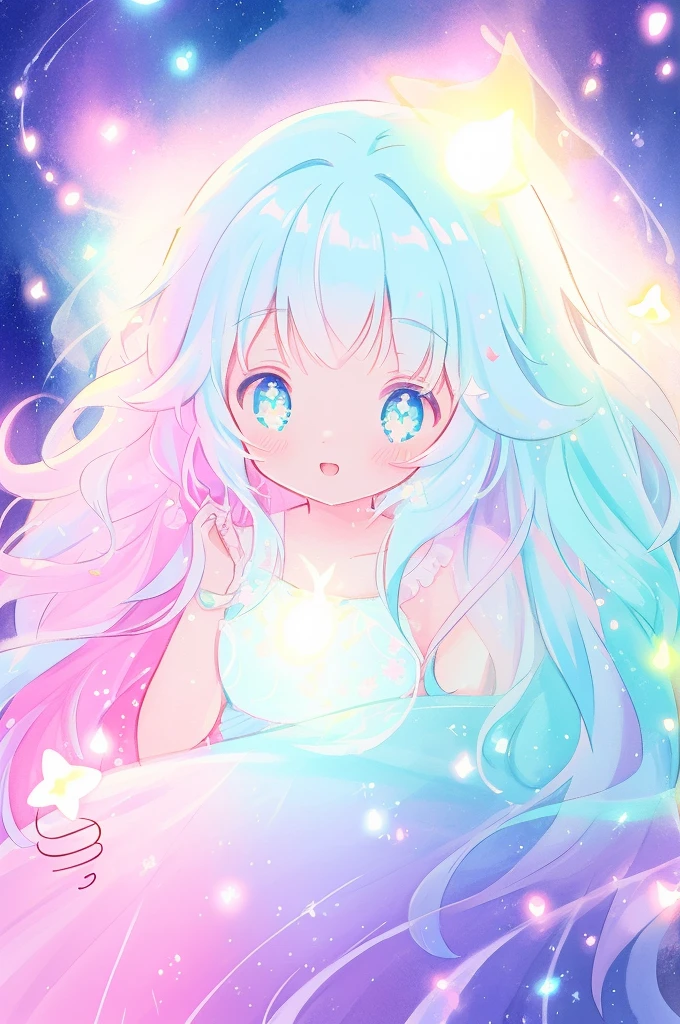 beautiful anime girl in colorful multi-layered ballgown, vibrant pastel colors, (colorful), magical lights, sparkling liquid light, colorful wavy hair, inspired by Glen Keane, inspired by Lois van Baarle, disney art style, by Lois van Baarle, glowing aura around her, by Glen Keane, jen bartel, glowing lights! digital painting, flowing glowing hair, glowing flowing hair, beautiful digital illustration, fantasia background, whimsical, magical, fantasy, beautiful face, ((masterpiece, best quality)), intricate details, highly detailed, sharp focus, 8k resolution, sparkling detailed eyes, liquid watercolor