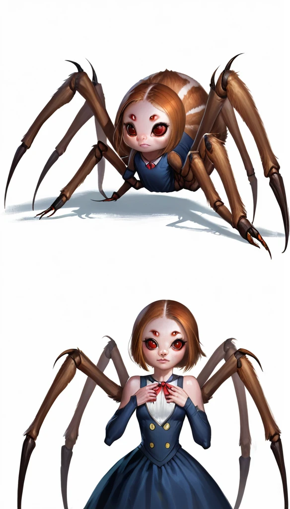 score_9_up, (clear simple background, white background, papyrus background), upper body, different views, 1girl,
 (4r4chn1d, spider girl, _young, anthro, (arachne), spider body, taur), solo, (female), (fullbody, curvey bode, cute face, focus), beautiful, (dressed)