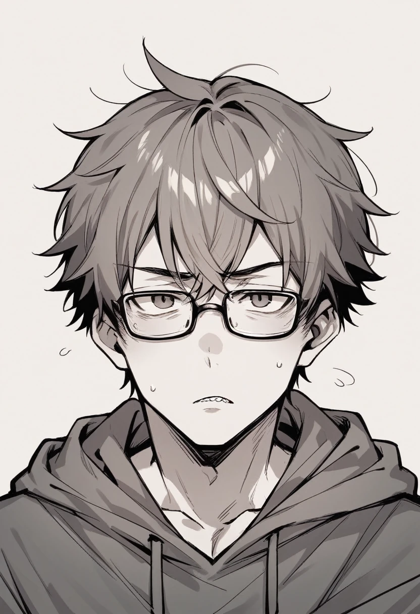A boy with glasses, short hair, wearing a shark hoodie, a hood covering his head. 