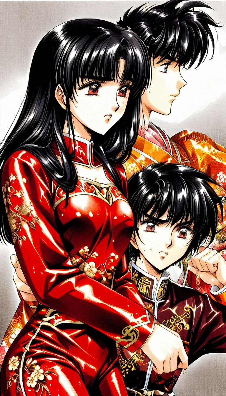 A tragic historical drama in 8k live-action style: Beautiful palace secrets　Beautiful  Chinese Kung Fu girl Hime with short black hair is forced to wear excrement pants　Gorgeous embroidery, Ultra glossy, She is wearing a shiny red top and bottom long sleeve floral pajama kung fu suit....　　　