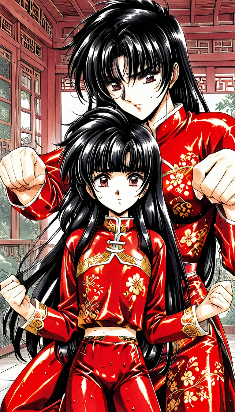 A tragic historical drama in 8k live-action style: Beautiful palace secrets　Beautiful  Chinese Kung Fu girl princess with short black hair is forced to wear shiny pants exposing her pooping pussy　Gorgeous embroidery, Ultra glossy, She is wearing a shiny red top and bottom long sleeve floral pajama kung fu suit....　　　