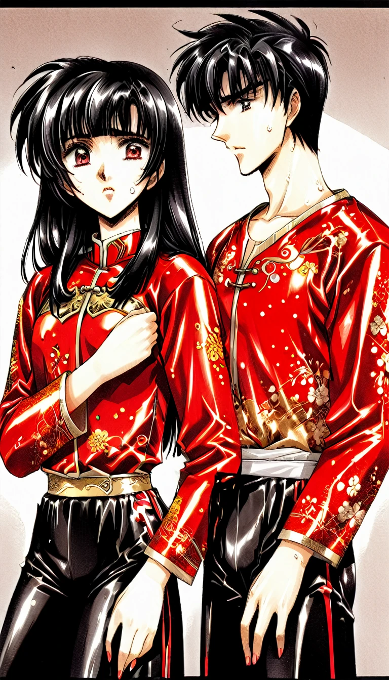 A tragic historical drama in 8k live-action style: Beautiful palace secrets　Beautiful 10 year old Chinese Kung Fu girl Hime with short black hair is forced to wear excrement pants　Gorgeous embroidery, Ultra glossy, She is wearing a shiny red top and bottom long sleeve floral pajama kung fu suit....　　　