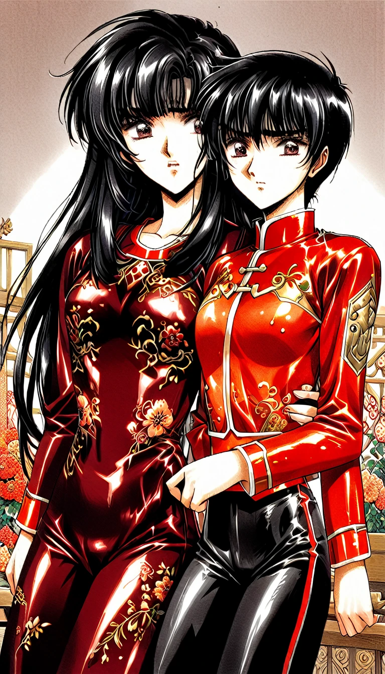 A tragic historical drama in 8k live-action style: Beautiful palace secrets　Beautiful  Chinese Kung Fu girl Hime with short black hair is forced to wear excrement pants　Gorgeous embroidery, Ultra glossy, She is wearing a shiny red top and bottom long sleeve floral pajama kung fu suit....　　　