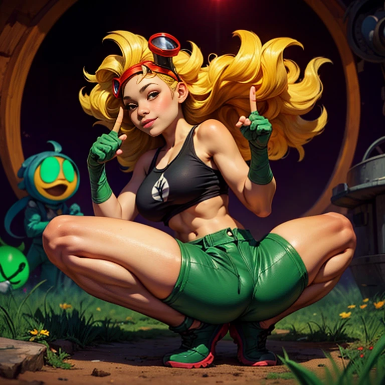 solar flare (plants vs zombies heroes)、(Correct Anatomy:1.5)、(Anatomically correct fingers:1.5)、Ideal proportions_Big Breasts_Six Pack_Big Butt_Healthy tanned skin_Thick, flowing blonde hair_Red goggles on head_Green gloves ‗ Green supporters_Black navel-baring tank top_Green shorts_Very beautiful and sexy young girl、smile、Squat with legs spread wide、Raise your hands to show your armpits、
