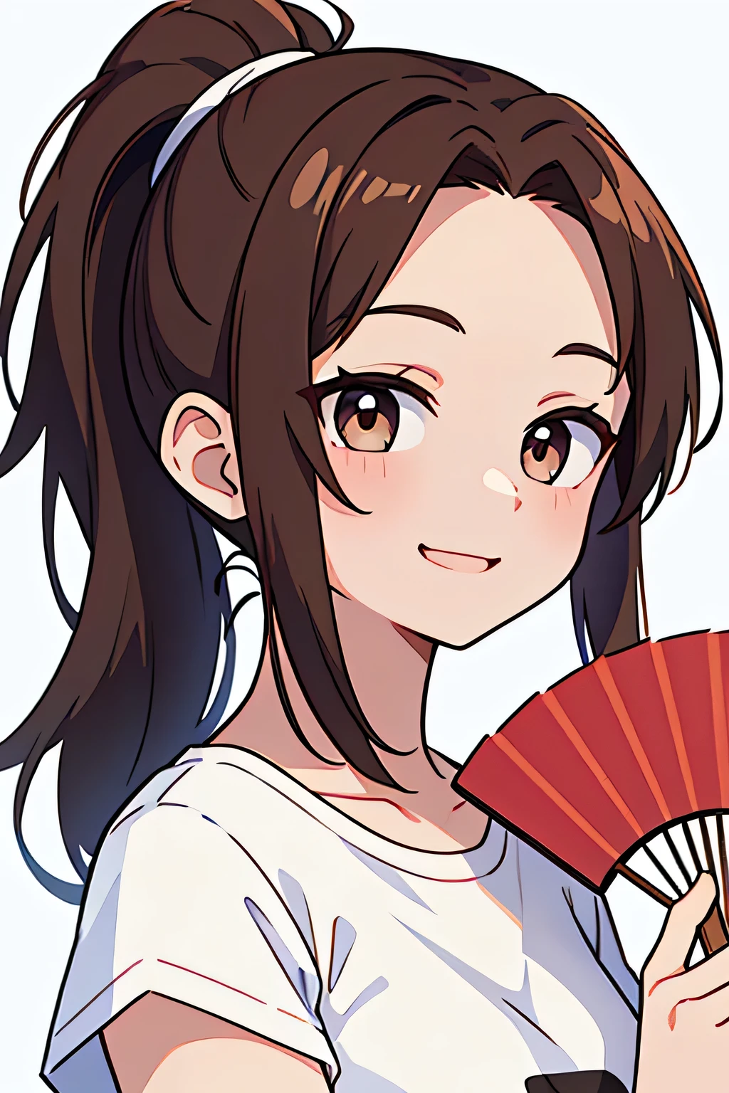 20-year-old women、cute、Brown Hair、Dark Eyes、White T-shirt、Hairstyle: Ponytail、Holding a fan、Looks hot、summer、smile、No background、Background white