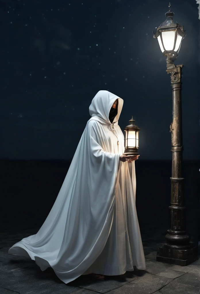 a picture of a person in a white robe holding a lantern, wearing cloak, wearing a flowing cloak, wearing a cloak, cloaked, wearing cloak on blasted plain, technology cloak, cloak covering face, cloak flittering in the wind, cloaked dark winter night, very long white cloak, wearing cloak and hood, white cloak, cloaked woman