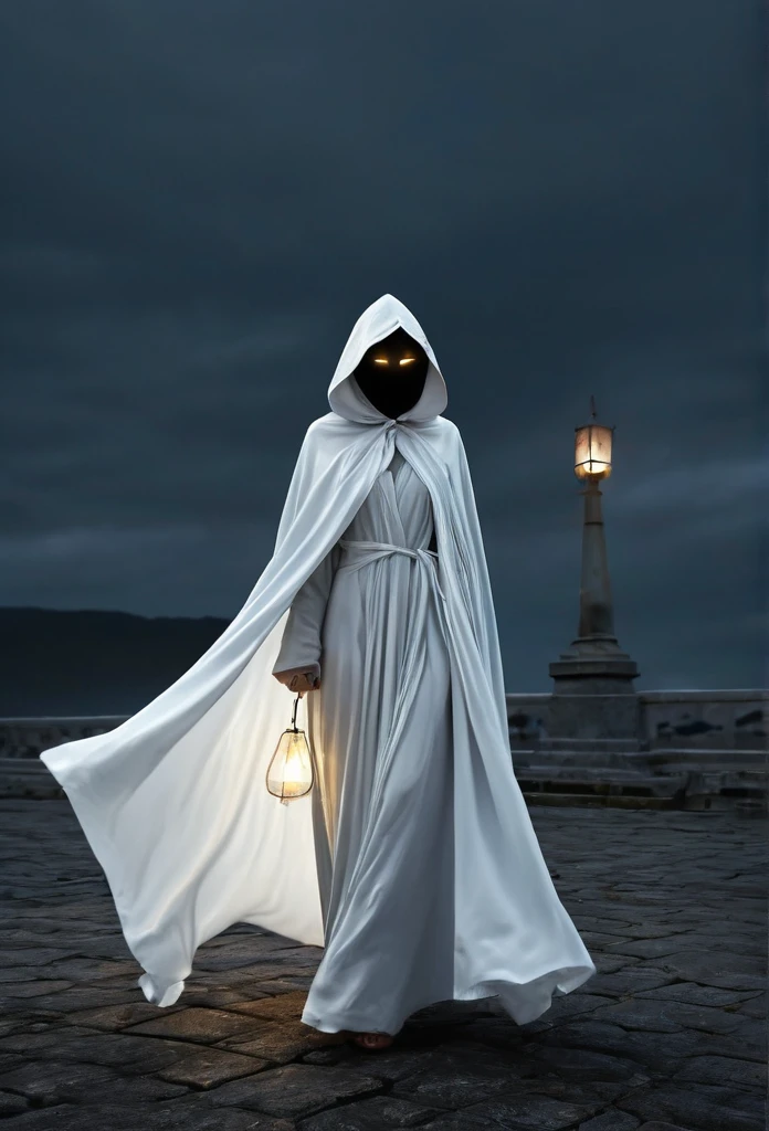 a picture of a person in a white robe holding a lantern, wearing cloak, wearing a flowing cloak, wearing a cloak, cloaked, wearing cloak on blasted plain, technology cloak, cloak covering face, cloak flittering in the wind, cloaked dark winter night, very long white cloak, wearing cloak and hood, white cloak, cloaked woman