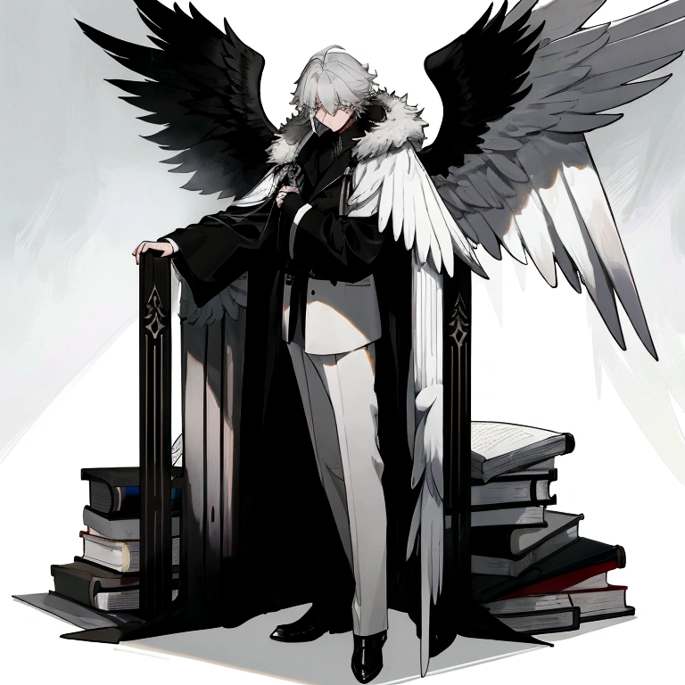 high quality,masterpiece,accurate lighting,ultra sharp,majestic,1man,Seraphim white and black wings,black messy hair,cold black eye,black long coat with grey fur hood,standing,mythical,male,big wings,man,six wings,trench coat,book,six winged,tall