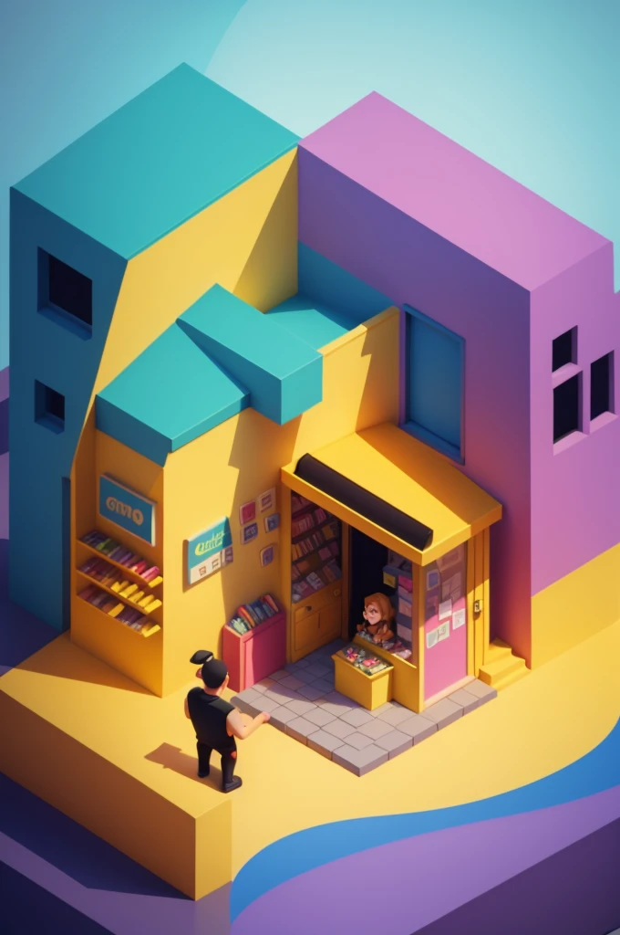 "isometric cartoon store with vibrant colors and lively characters"