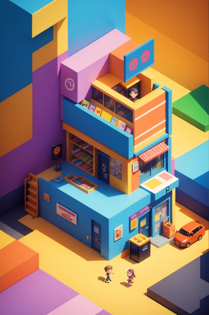 "isometric cartoon store with vibrant colors and lively characters"