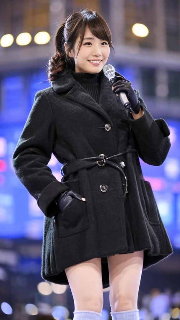 A full-body photo of a cute Japanese weather forecaster wearing a cute closed-front coat,Medium Hair, pumps,A girl broadcasting live with a microphone in both hands,Broadcasting with a microphone outdoors in Tokyo in winter,Wearing black leather gloves,Standing in front of Tokyo Station,wearing pumps and black tights,masterpiece,ultra detail face