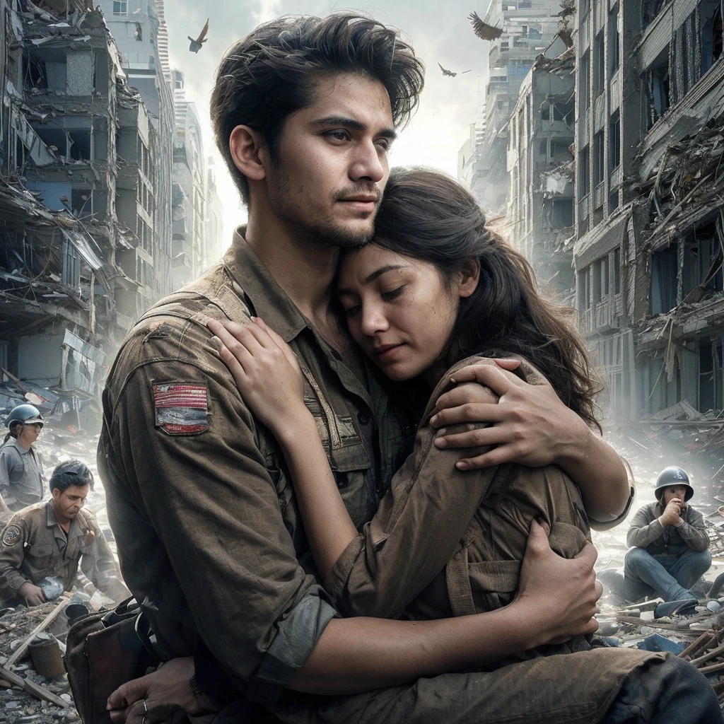 A man is hugging a woman. Background of collapsed urban buildings