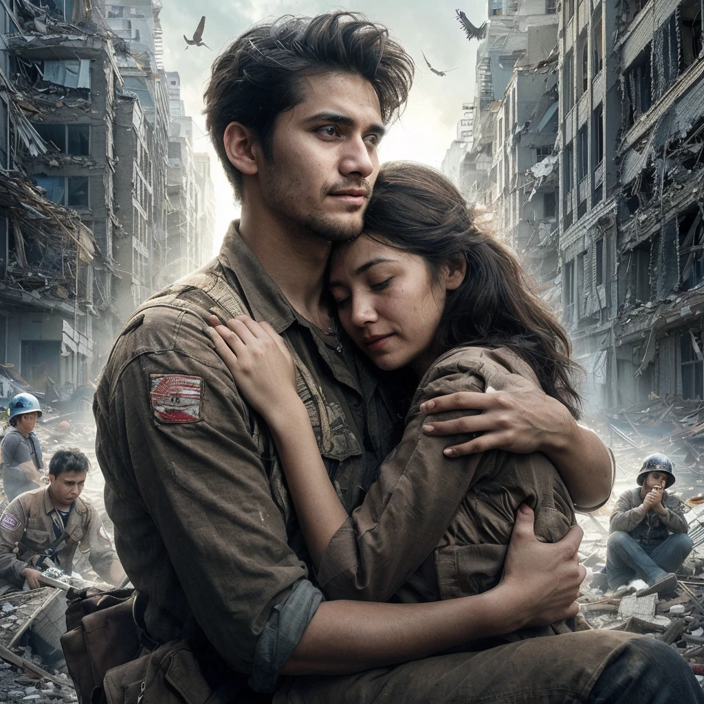 A man is hugging a woman. Background of collapsed urban buildings 