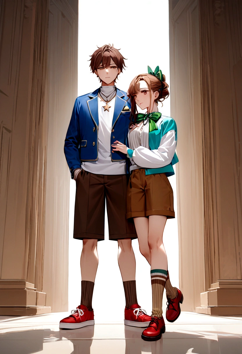long reddish brown hair, She wears a green bow along with a black hairpin.. a white shirt, covered by a blue jacket with long white sleeves. He also has a star necklace, He wears brown shorts with pockets, complemented with green and brown striped socks. Her outfit is completed with red shoes with white details,