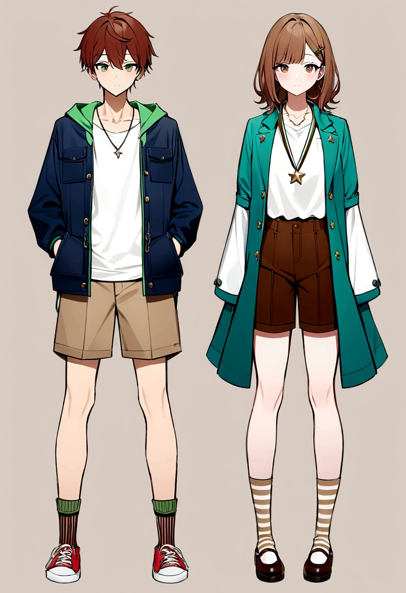 long reddish brown hair, She wears a green bow along with a black hairpin.. a white shirt, covered by a blue jacket with long white sleeves. He also has a star necklace, He wears brown shorts with pockets, complemented with green and brown striped socks. Her outfit is completed with red shoes with white details,