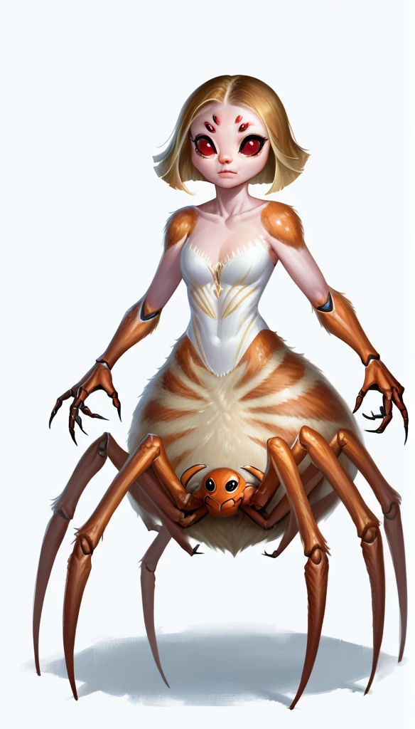 score_9_up, (clear simple background, white background, papyrus background), different views, 1girl,
 (4r4chn1d, spider girl, _young, anthro, (arachne), spider body, taur), solo, (female), (fullbody, curvey bode, cute face, focus), beautiful, (dressed)