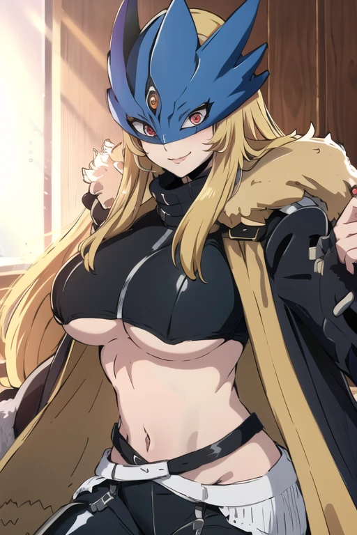 ((masterpiece,best quality)), absurdres, Beelstarmon_Digimon, 1girl, smile, solo,  blonde hair, large breasts, red eyes, sidelocks, third eye, mask,  (fur coat:1.5), cowboy shot, black underboob shirt, trench black coat, leather pants, sexy pose