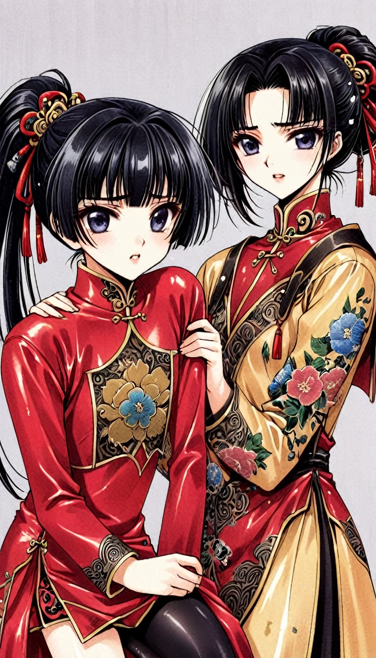 A tragic historical drama in 8k live-action style: Beautiful palace secrets　Beautiful  Chinese Kung Fu girl princess with short black hair　Gorgeous embroidery, Ultra glossy, She is wearing a shiny red top and bottom long sleeve floral pajama kung fu suit....　　