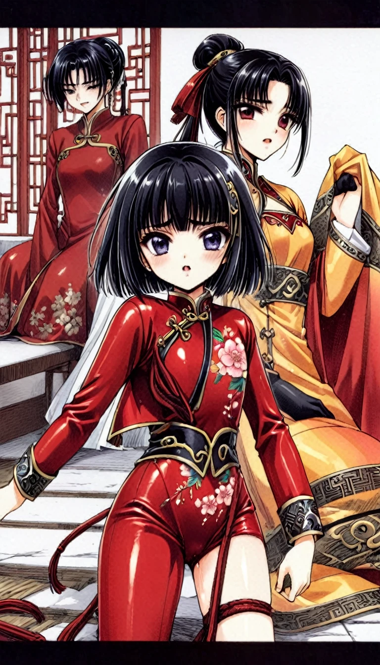 A tragic historical drama in 8k live-action style: Beautiful palace secrets　Beautiful 10 year old Chinese Kung Fu girl princess with short black hair　Gorgeous embroidery, Ultra glossy, She is wearing a shiny red top and bottom long sleeve floral pajama kung fu suit....　　