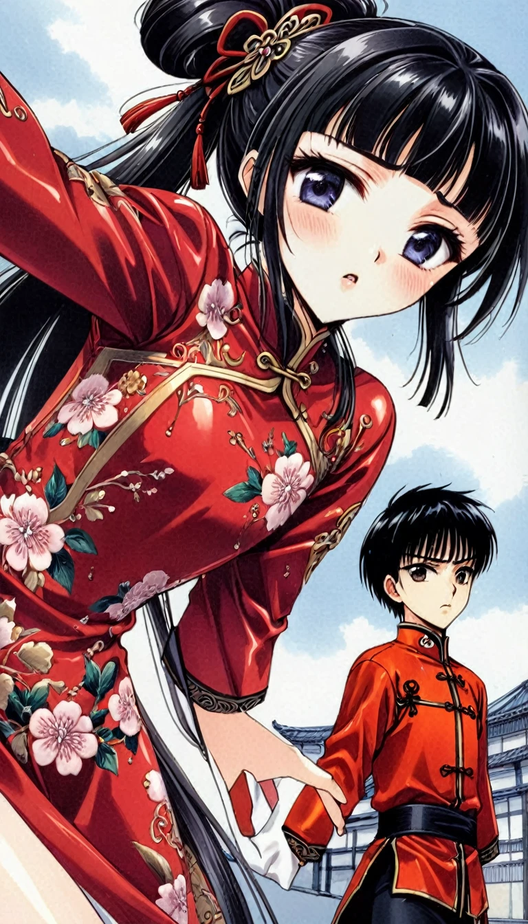 A tragic historical drama in 8k live-action style: Beautiful palace secrets　Beautiful  Chinese Kung Fu Princess with short black hair undressed　Gorgeous embroidery, Ultra glossy, She is wearing a shiny red top and bottom long sleeve floral pajama kung fu suit....　　