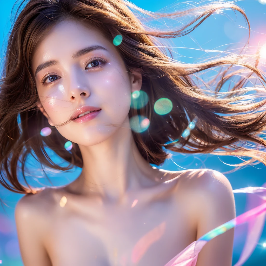 (highest quality, 32k, High resolution, masterpiece:1.5,), Haunting fantasy portrait in abstract style, ((In a swirl of fantastic pastel colors and soft light)), Evoking a sense of soothing tranquility and elusive beauty, Award-winning masterpiece with amazing details, cute japanese woman, 20 years old, perfect human anatomy, big magical eyes, gentle smile, ((Shiny detailed brown hair)), Long straight hair tousled by the wind, Beautiful asymmetrical bangs, hair between eyes, smooth and soft skin, thin eyebrows, clear double eyelids, Attractive pink lips, ((naked, Wrap your body in a transparent silk cloth)), High resolution perfect collarbone, High resolution beautiful bust, Slender body with plump breasts, ((Colorful sparkling light effects:1.3)), summer blue sea, The blue, sparkling water surface reflecting light, bright sunshine, professional lighting, professional photographer, Professional models,mysterious