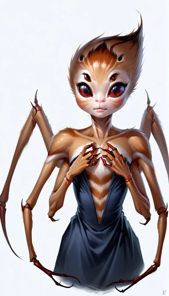 score_9_up, (clear simple background, white background, papyrus background), upper body, different views, 1girl,
 (4r4chn1d, spider girl, _young, anthro, (arachne), spider body), solo, (female), (fullbody, curvey bode, cute face, focus), beautiful, (dressed)