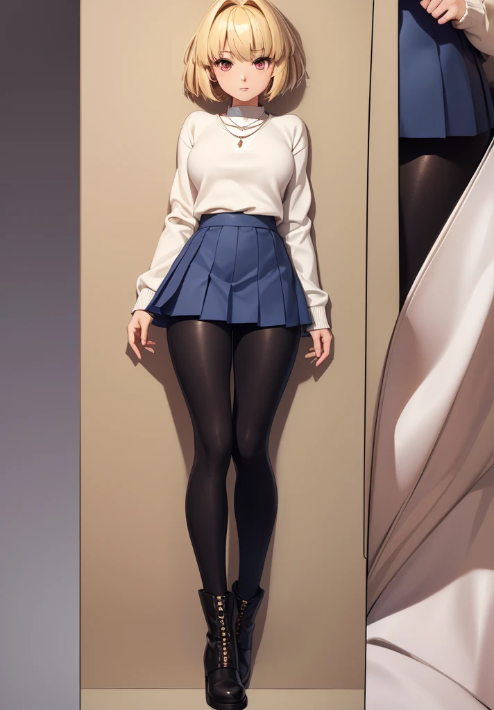 (masterpiece, best quality, 8k, highly detailed, highres, ultra-detailed, perfect eyes), 1girl, solo, arcueid, blonde hair, short hair, red eyes, sweater, white sweater, necklace, pleated skirt, blue skirt, leggings, (black leggings:1.2), boots, brown boots, dakimakura (medium)