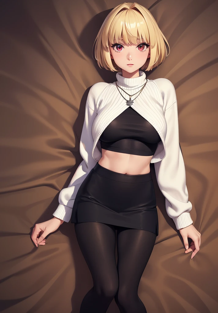 (masterpiece, best quality, 8k, highly detailed, highres, ultra-detailed, perfect eyes), 1girl, solo, arcueid, blonde hair, short hair, red eyes, sweater, white sweater, necklace, pleated skirt, blue skirt, leggings, (black leggings:1.2), boots, brown boots, dakimakura (medium)