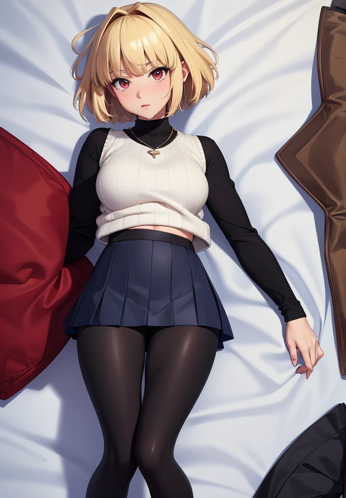 (masterpiece, best quality, 8k, highly detailed, highres, ultra-detailed, perfect eyes), 1girl, solo, arcueid, blonde hair, short hair, red eyes, sweater, white sweater, necklace, pleated skirt, blue skirt, leggings, (black leggings:1.2), boots, brown boots, dakimakura (medium)