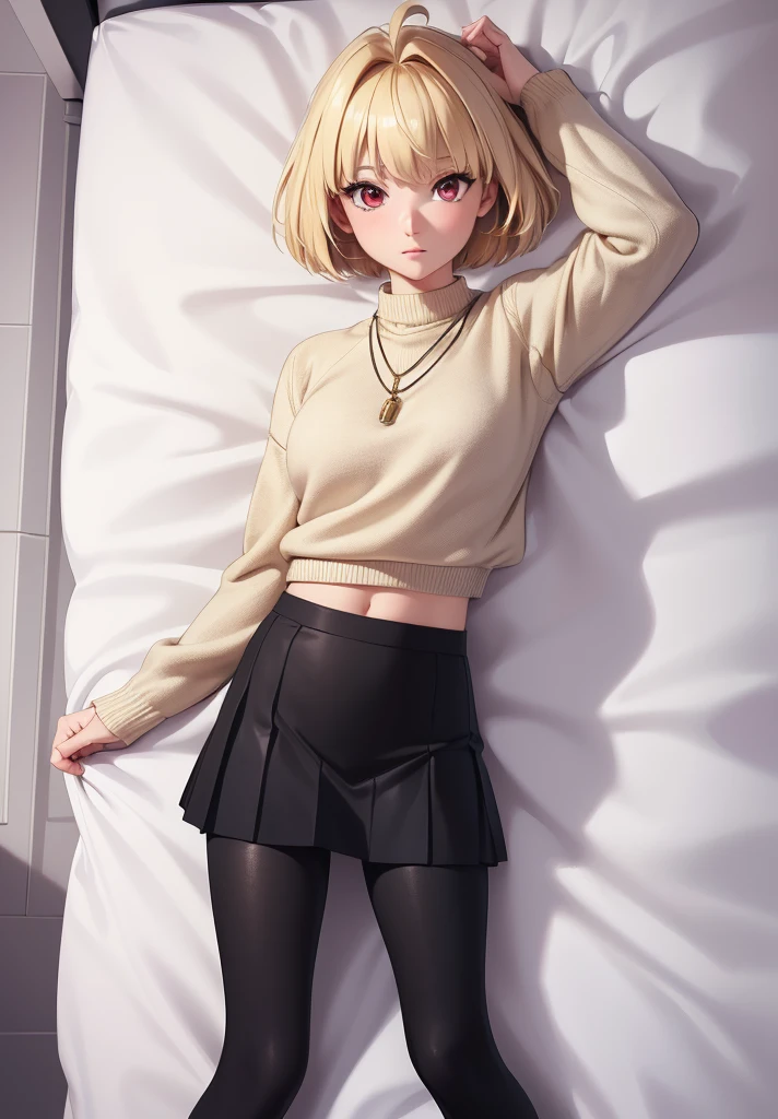 (masterpiece, best quality, 8k, highly detailed, highres, ultra-detailed, perfect eyes), 1girl, solo, arcueid, blonde hair, short hair, red eyes, sweater, white sweater, necklace, pleated skirt, blue skirt, leggings, (black leggings:1.2), boots, brown boots, dakimakura (medium)