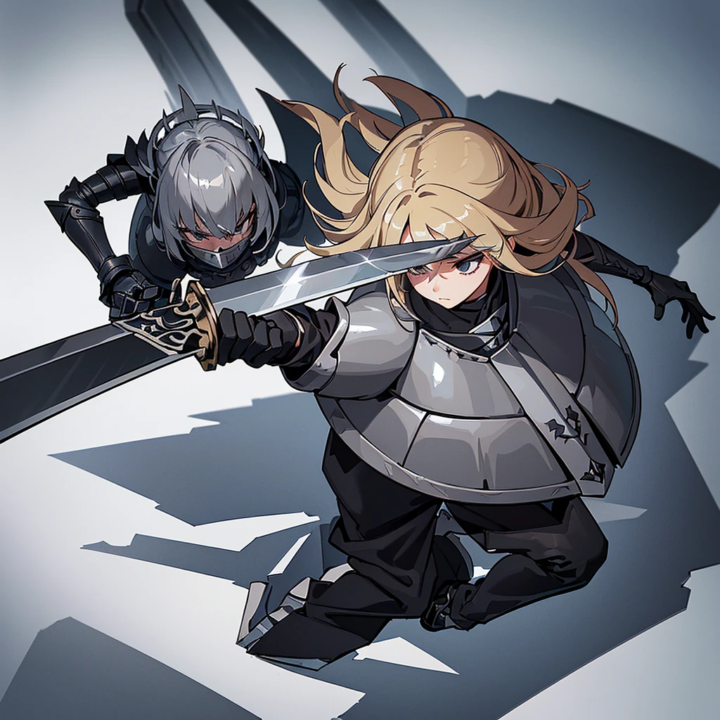 Best illustrations、Best Quality、(Full body character concept、detailed)、(((Simple grey armor、Black trousers、Black gloves))、(woman、18-year-old)、(Blonde、Long Hair)、(((Grab the sword)))、(From above at an angle)