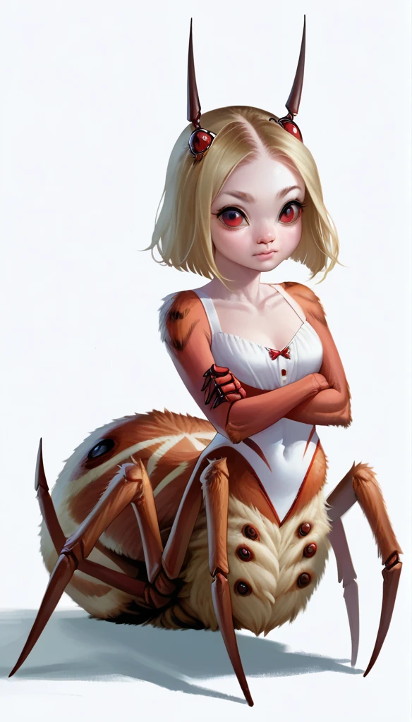 score_9_up, (clear simple background, white background, papyrus background), upper body, different views, 1girl,
 (spider girl, _young, anthro, (arachne), spider body, taur), solo, (female), (fullbody, curvey bode, cute face, focus), beautiful, (dressed)