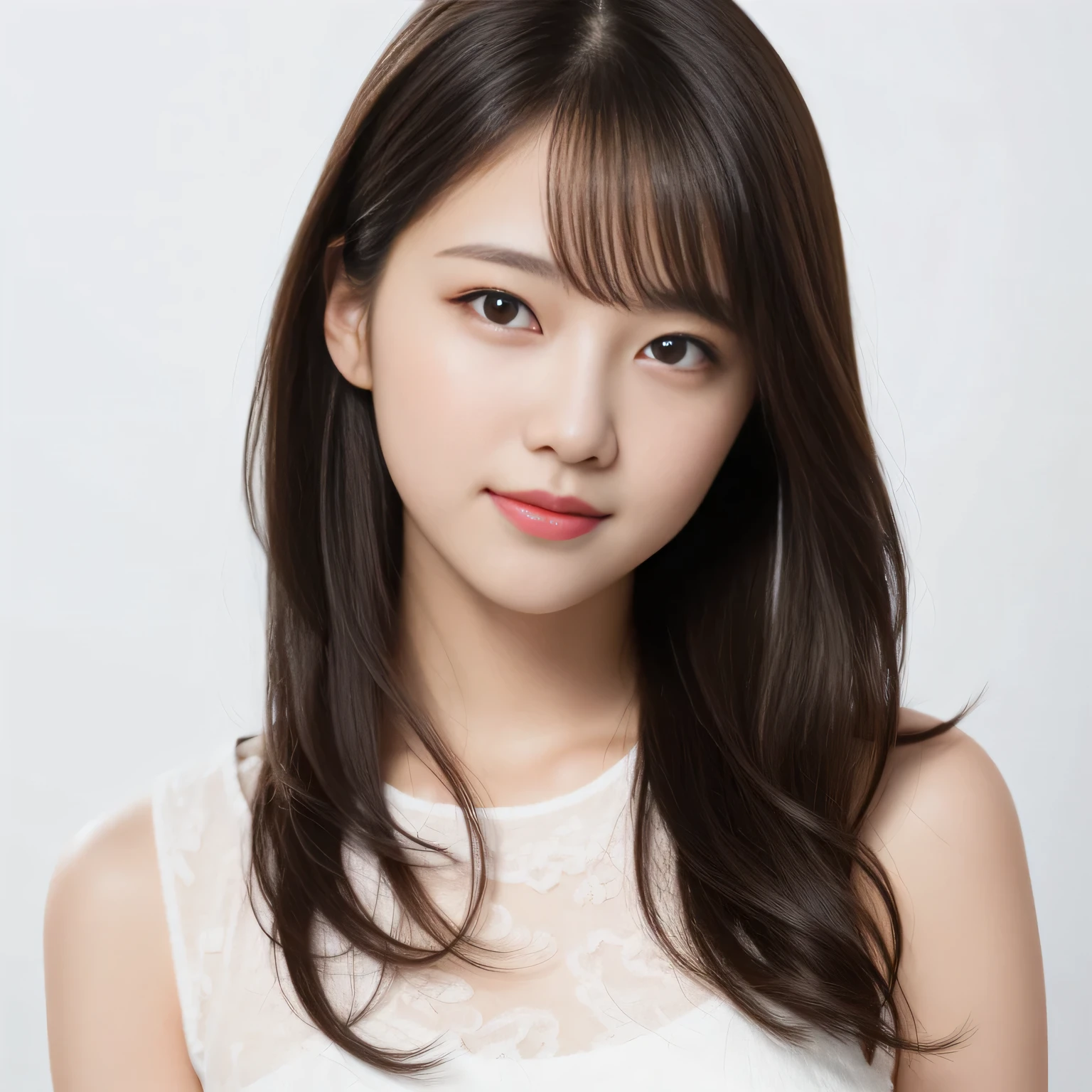  best quality、Disorganized、Very detailed、Finely、high resolution、8k wallpaper、Perfect dynamic composition、Beautiful and delicate eyes、dress、Natural lipstick、Smile、Photo Studio、18 year old girl、Lovely、Sexy shot looking at camera、White background、Perfect beautiful face,Face only、Beautiful and delicate face、Facelift and style