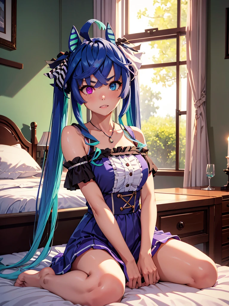 (masterpiece、top-quality、hight resolution), Inside the private room, create an image from the protagonist's point of view. The woman who helped her is visiting and talking to the protagonist. The room has only a few lights and a bed. From her demeanor and behavior, it is clear that she intends to perform sexual services on the protagonist in return. She blushes but is willing to serve. nsfw, Twin_Turbo_Umamusume, aqua hair, twintails, heterochromia, purple eyes, blue eyes, sharp teeth,