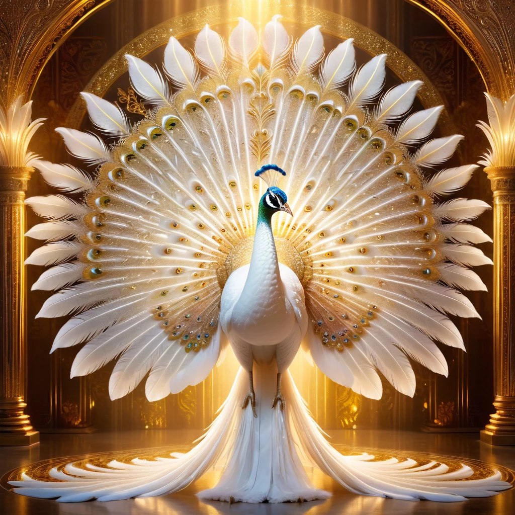 White peacock,Front upright,(Pure white body,White feathers,Gold pattern,Crystal sparkle),Peacock opens the screen,Looking at the audience,fantasy,Colorful tones,masterpiece,Dramatic ethereal beauty,Panoramic view:1.2,Three light sources,reflected light
